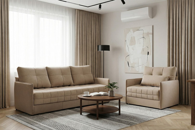 Изображение товара Комплект диван и кресло-кровать Панда бежевый - мягкая мебель для дома