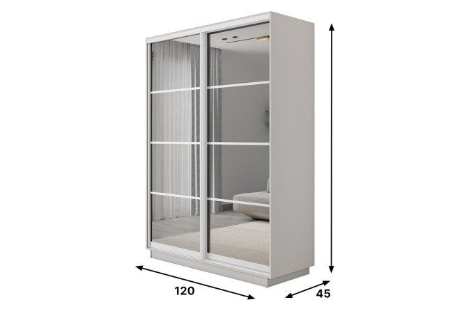 Шкаф-купе 2-дверный Slide-2 v.2 120х220х45 см, белый снег/белый профиль, с двумя зеркалами, с разделителями