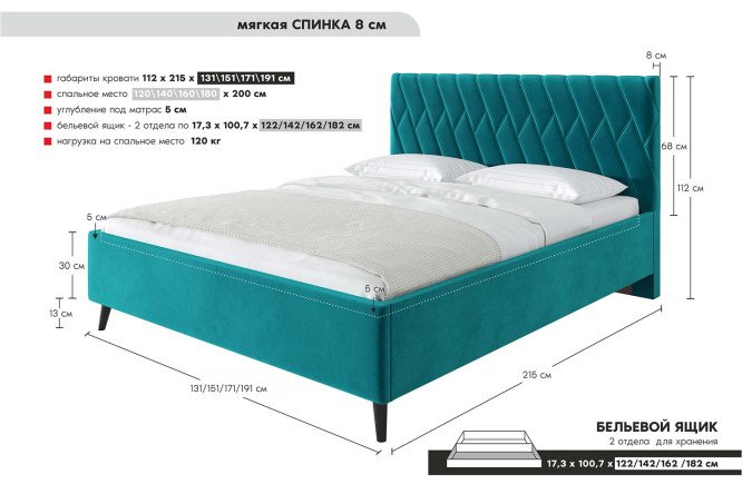 Кровать Tessa цвет морской 120х200 см