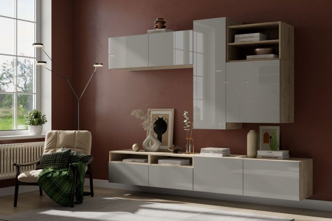 Изображение товара Гостиная Оскар Амика 4 двери и 4 ящика с push-to-open, дуб сонома / пыльный серый глянец