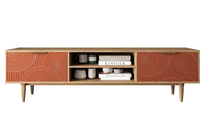 Изображение товара Комод под TV низкий Line с нишей, красный фасад, ореховый каркас