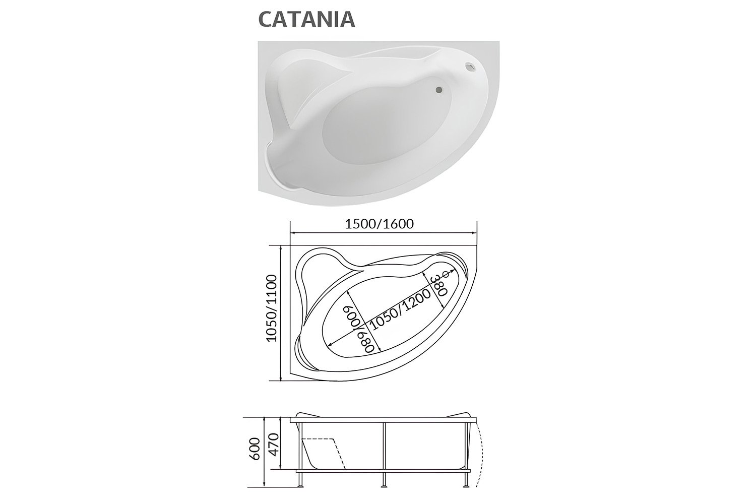 Ванна пристенная 1Marka Катания (Catania) L, левый, белый 160x110 см