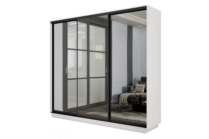 Изображение товара Шкаф-купе Slide-2 v.2 210x240x60 см белый снег/чёрный профиль с тремя зеркалами