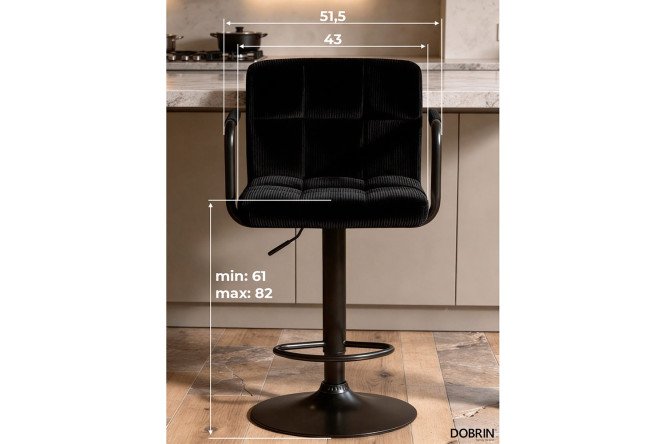 Барный стул DOBRIN Kruger Arm Black с подлокотниками 51х92х49 см, цвет обивки чёрный, ножек чёрный