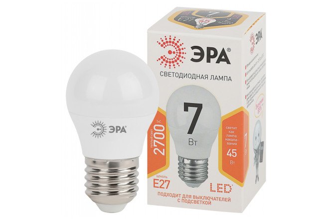 Изображение товара Лампа светодиодная ЭРА Std led P45-827 E27, 7W, Шар, 2700 К, Тёплый