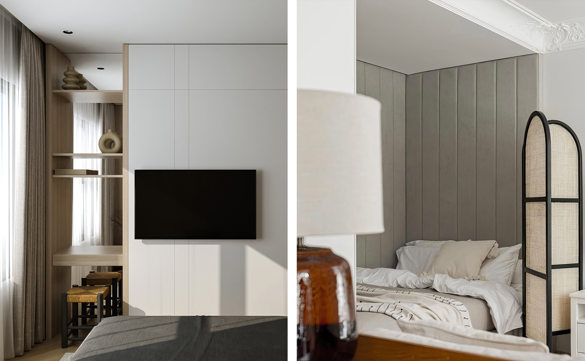 Интерьер спальни с кроватью в нише